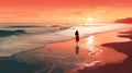 Silhouette of lonely woman walking by sea at sunset evokes sense of romantic serenity and solitude