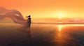 Silhouette of lonely woman walking by sea at sunset evokes sense of romantic serenity and solitude