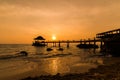 Silhouette Long wooden bridge pavilion in beautiful Royalty Free Stock Photo