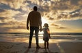 Silhouette, love and beach with father and girl on Cancun holiday for travel, summer and wellness. Family, sunset and Royalty Free Stock Photo