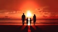 Silhouette Of Love: A Happy Family Embracing The Sunset At The Beach