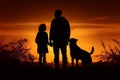 Silhouette of love, parents, children, and faithful dog, united