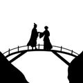 Silhouette lovers asian couple on the bridge. Celebration Valentines day.