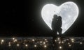 Silhouette Lovers Kissing Romanticly. Heart shape full moon and star full of the sky as the background. Fireflies fly over the