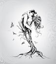 Silhouette of lovers in a tree. vector illustration