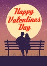 Silhouette loving couple on the bench at night. Happy Valentines Day poster