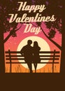 Silhouette loving couple on the bench at night. Happy Valentines Day poster