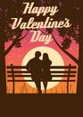 Silhouette loving couple on the bench at night. Happy Valentines Day poster