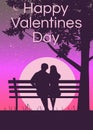 Silhouette loving couple on the bench at night. Happy Valentines Day poster