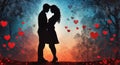 Silhouette of a loving couple on a decorative hearts background