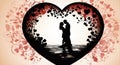 Silhouette of a loving couple on a decorative hearts background