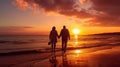 Silhouette of loving couple holding hands walking on beach at sunset, copy space Royalty Free Stock Photo