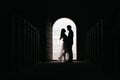 Silhouette of loving couple hugging while standing in doorway on black background, Bride and groom in wedding day posing in a Royalty Free Stock Photo