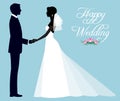 Silhouette of a loving couple of newlyweds groom and bride in full length in wedding dresses