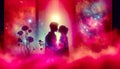 A silhouette of a loving couple, one girl and one android, kissing amidst a romantic pink and red haze. This scene evokes a