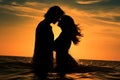Silhouette of a loving couple in the sea at sunset, silhouette Couple in love emerges from the ocean summer feeling, AI Generated