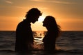 Silhouette of a loving couple in the sea at sunset, Silhouette of a couple in love emerging from the ocean, a summer feeling, AI