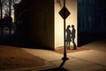 Silhouette of a loving couple standing in front of a street light, A couple\'s shadows merging into one under a romantic
