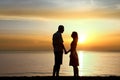 Silhouette of a loving couple at sunset on the seashore Royalty Free Stock Photo