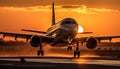 Silhouette of luxury private airplane taking off at sunset generated by AI Royalty Free Stock Photo