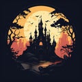 silhouette of a magic castle. mystical castle against the backdrop of moon, in a round frame of trees Royalty Free Stock Photo