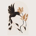 Silhouette of magical bird with flowers, vector set. Mystical abstract form in the style of Matisse. Abstract body art