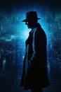 silhouette of male detective spy in hat with a double exposure in night city. Cover of book thrillers of novel