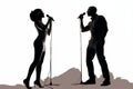 Silhouette of a male and female vocalists singing with microphones