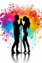 Silhouette of a male and female vocalists singing with microphones