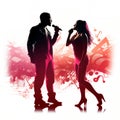 Silhouette of a male and female vocalists singing with microphones Royalty Free Stock Photo