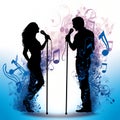 Silhouette of a male and female vocalists singing with microphones Royalty Free Stock Photo