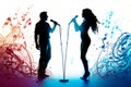 Silhouette of a male and female vocalists singing with microphones