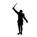 Silhouette of a male fighter with battle armor and sword weapon. Royalty Free Stock Photo