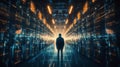 Silhouette of a male hacker in a server room. Neural network AI generated Royalty Free Stock Photo