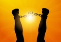 Silhouette of male hands breaking chain in handscuffs on background of sunlight, freedom. Vector illustration