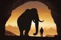 Silhouette Of A Mammoth And A Man Against A Sunset Back. Generative AI