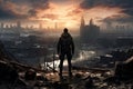 Silhouette of a man against the background of a destroyed city, An advanced Lone soldier standing in front of a destroyed city,