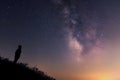 Silhouette of a man against the night sky. Milky way core Royalty Free Stock Photo