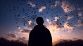 Silhouette of a man against a sky, sun and a flock of birds. Ideas on emotion or psychology, philosophical and scientific concepts