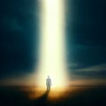 A silhouette of a man appear through the mist with beam of light appearing in the sky with a light beam coming Royalty Free Stock Photo