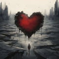 Silhouette of a man around cracked earth in the background destroyed urban skyscrapers in the middle a big red heart. Heart