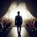 silhouette of a man from the back coming out from behind the scenes onto the stage, applauding audience