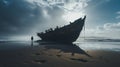 Silhouette Of A Man On The Beach Near An Old Ship Royalty Free Stock Photo