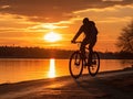 Silhouette of a man on a bicycle on the shore of an evening pond. Generated by AI
