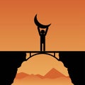 Silhouette of a man on a bridge touching the moon, conceptual vector Royalty Free Stock Photo