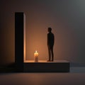 The silhouette of a man can be seen at night illuminated by a single candle burning in memory of his loved Psychology