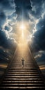 silhouette of man climbing a surreal dreamy concept of a infinite staircase leading to the sky. glowing christian cross. Royalty Free Stock Photo