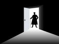 Silhouette of a man in a cloak in the open door. A man with a cane at the entrance to a dark room. Light from the open door.