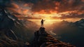 Silhouette Of Man Conquers Mountain At Sunset Royalty Free Stock Photo