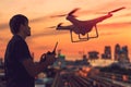 Silhouette of man controlling a drone at sunset. City in background